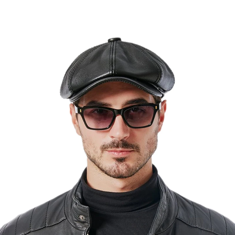 Hats Men 2023 Winter 100% Genuine Leather Warm Cap Male Beret Painter Boina Cowhide Octagonal Casquette High Quality Streetwear