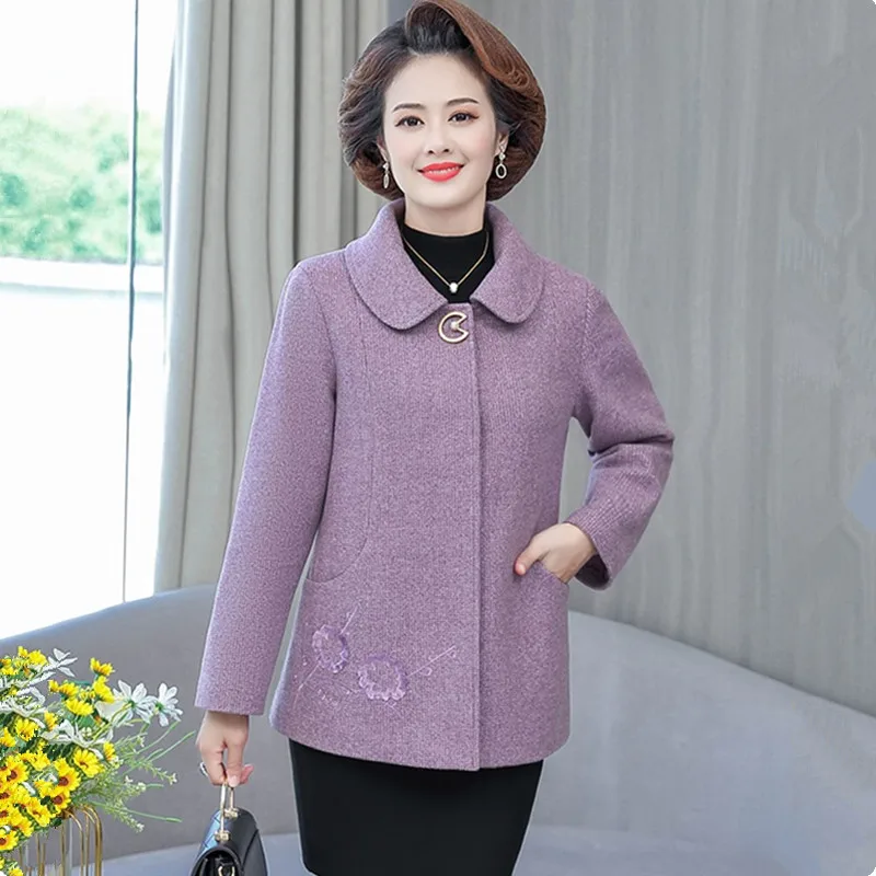 UHYTGF 2022 Quality Spring Autumn Woolen Jacket Women Solid Wild Casual Mother Outerwear Elegant Female 5XL Loose Size Tops 2223