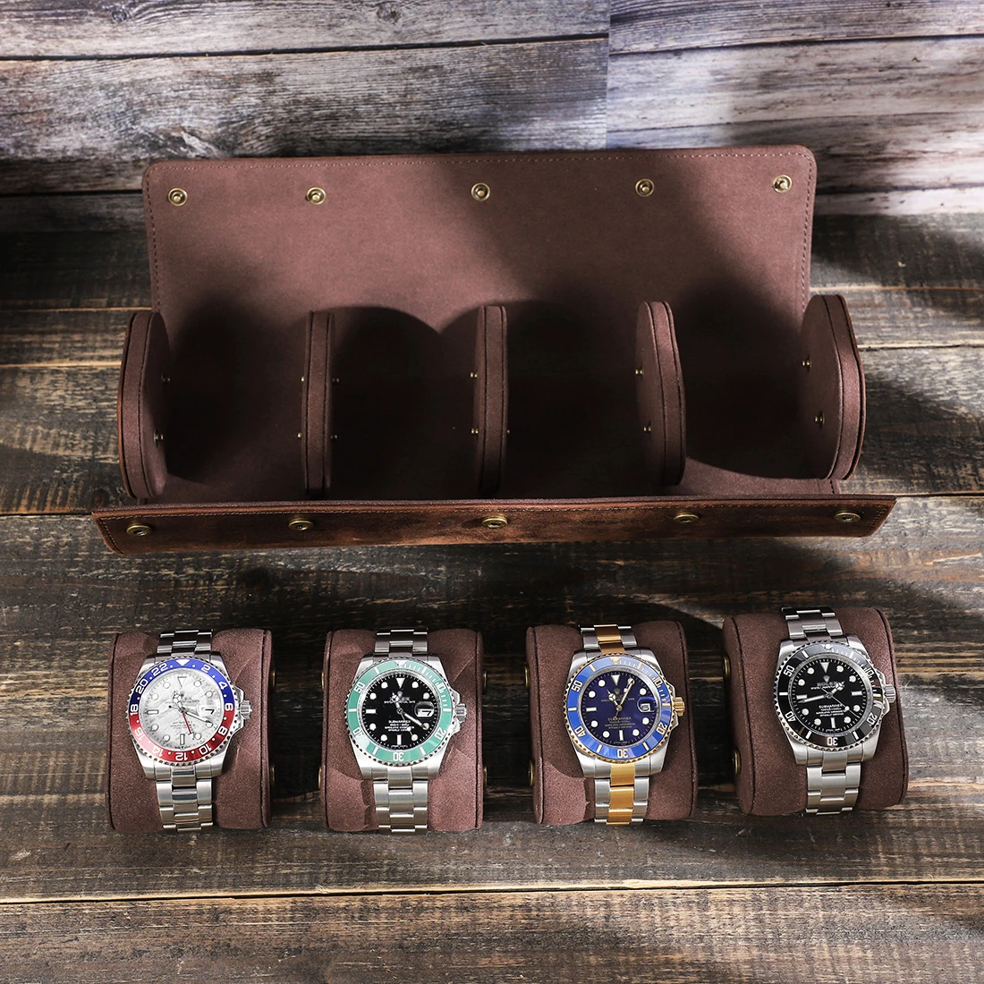 Luxury 4 Slots Watch Roll Travel Case Chic Vintage Genuine Leather Display Watch Storage Box with Slid in Out Watch Organizers