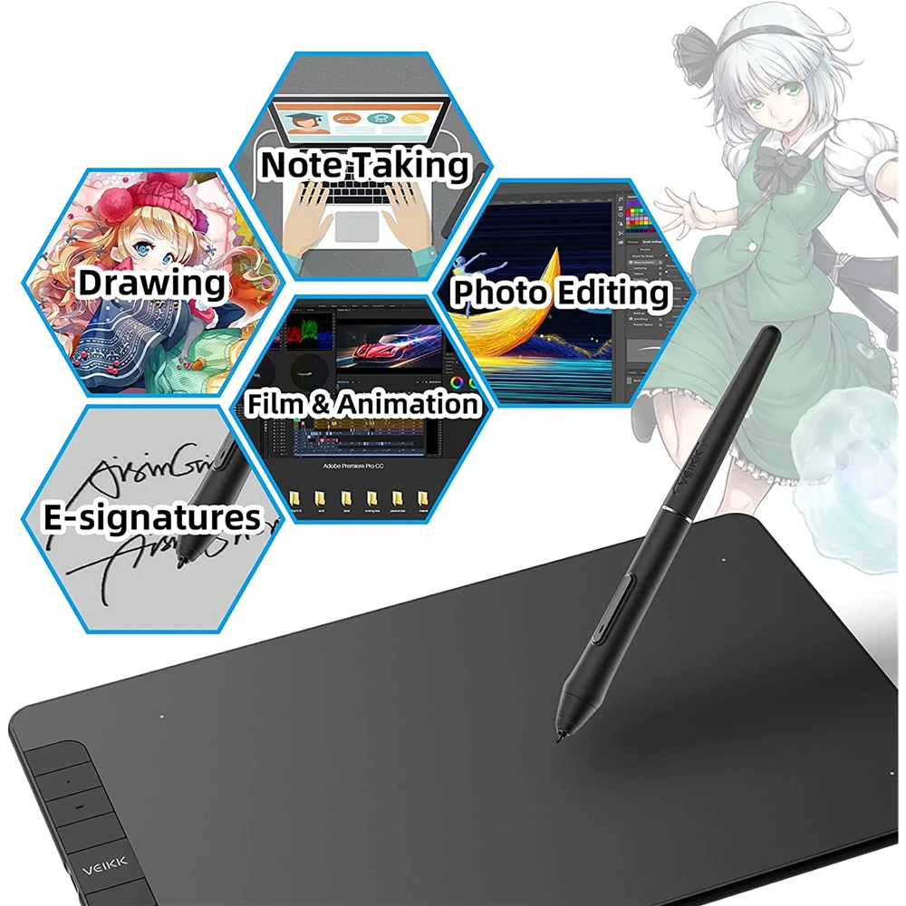 

1 VEIKK VK1060 Drawing Tablet, 10 x 6 Inch Graphics Tablet with 8 Shortcut Keys, 8192 Levels Battery Free Pen Supports Tilt