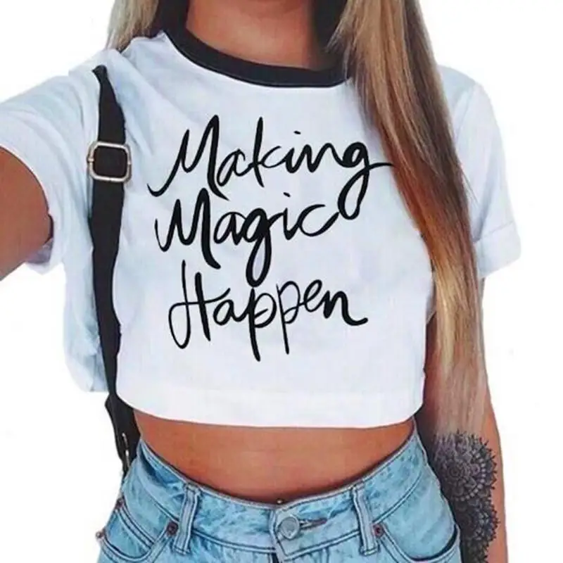 T-shirt estiva da donna nuova stile carino stampato Sexy Navel T-shirt a maniche corte moda Casual Cartoon T Shirt Crop Top T-shirt