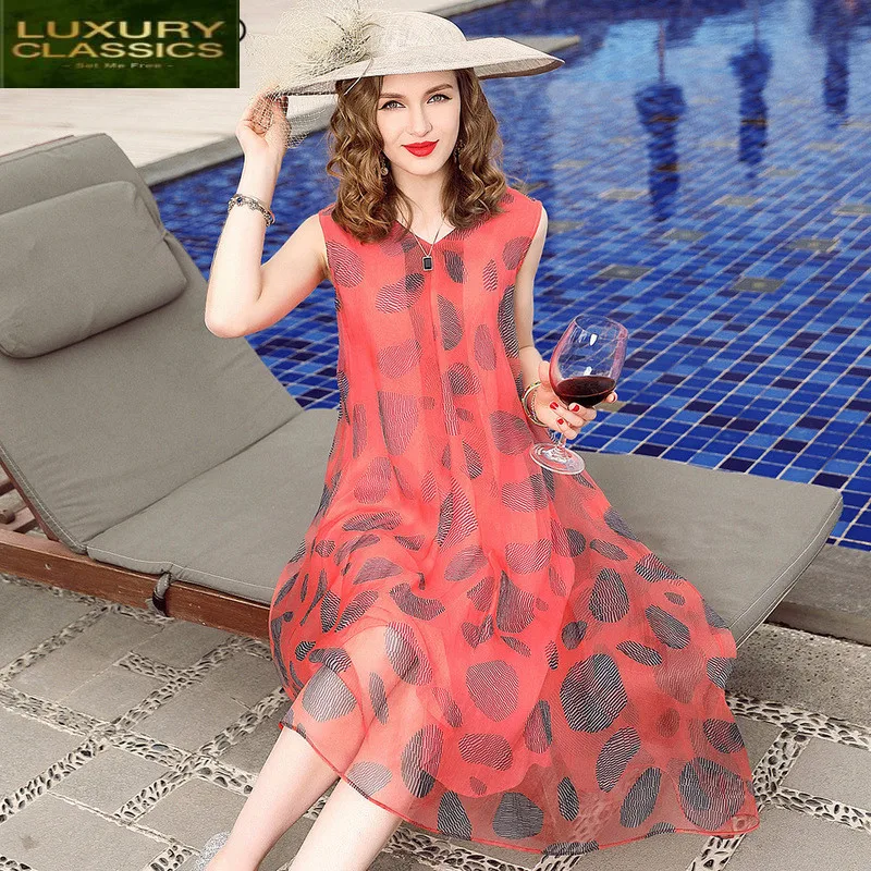 Dress 100% Real Silk Women Summer Beach Dress Sleeveless Boho Vintage Party Dresses Floral Casual Vestidos 2021 LWL1830