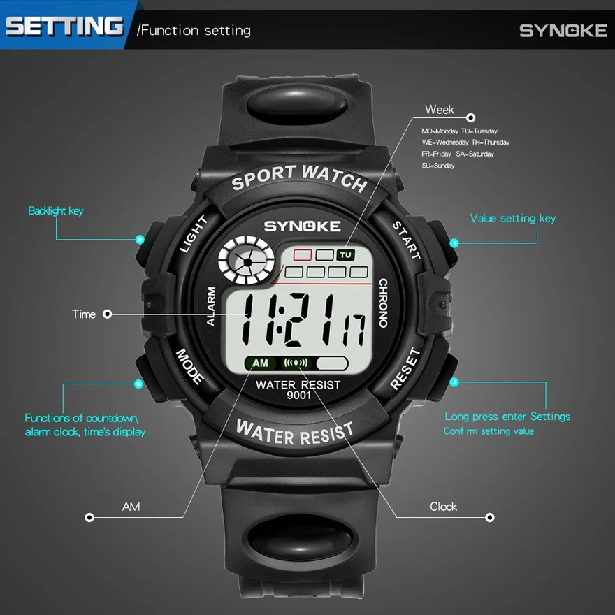 SYNOKE Kids Watch Fashion Waterproof LED Alarm  Children Digital Watches Sports Students Electronic Clock Boys Girls Relojes