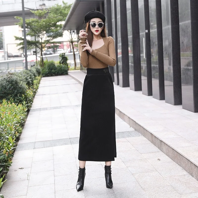 

Size Large Womens New Straight Skirt Plus Fleece Pockets Elastic Waist High Quality Korean Style Fashion Split Mid-Calf Skirt