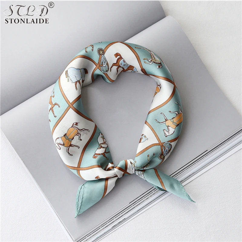 53X53CM HOT Amimal Cats Horse Printing Small Silk Square Scarf For Women High Quality Imitated Women's Handkerchiefs Hair Scarfs