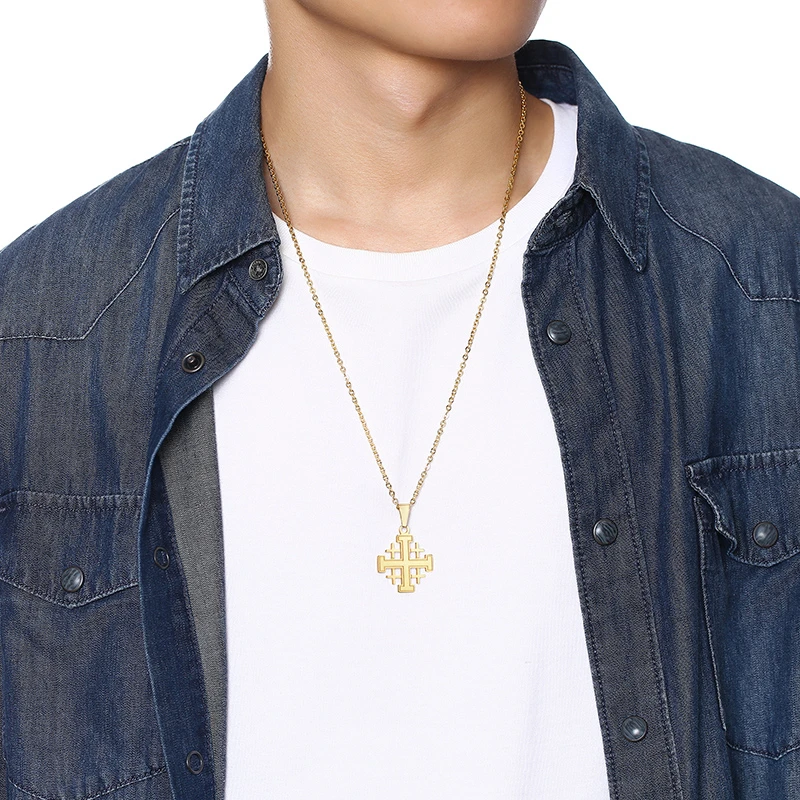 Bible Jerusalem Crusaders Cross Pendant Necklaces Medieval Religious Statement Stainless Steel Chains Necklace Jewelry Unisex