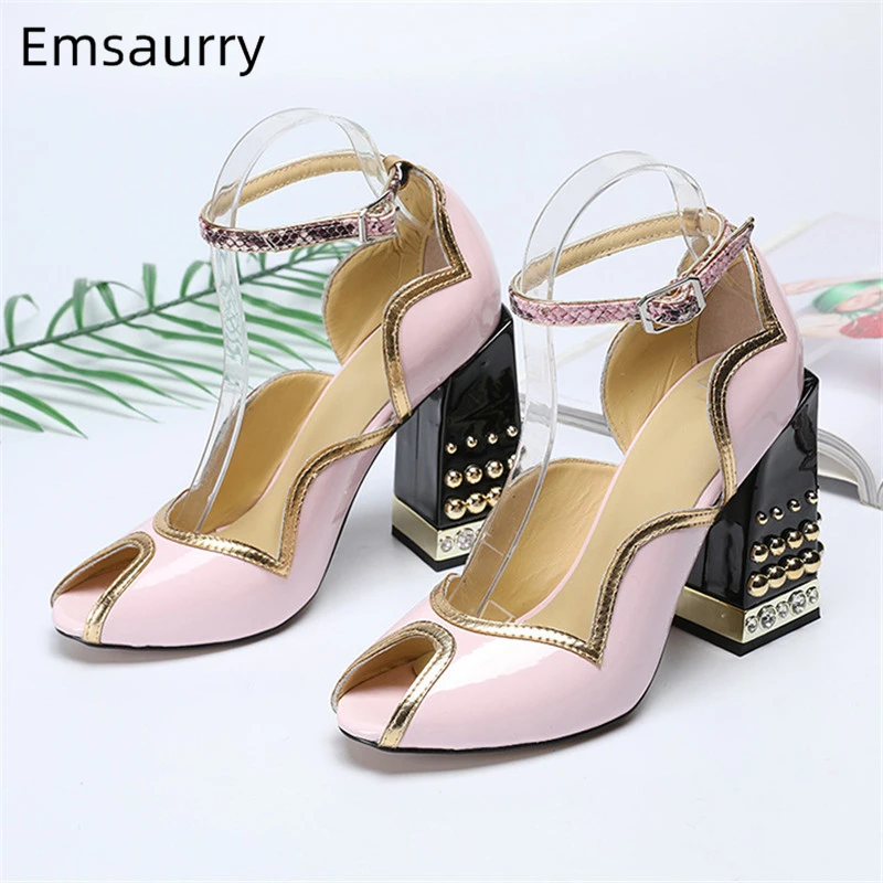 Sweet Pink Patent Leather Women Pumps New Spring Chunky Heel With Rivet Decor Peep Toes Ankle Strap High Heels Women