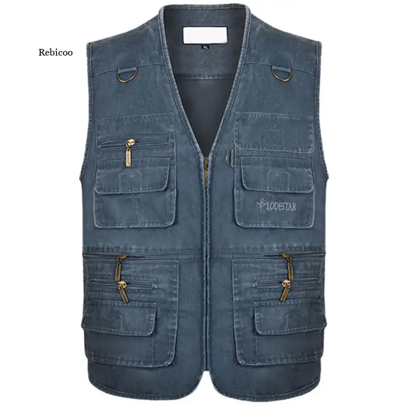 

6XL 7XL Male Casual Summer Cotton Denim Vest Men's Sleeveless Jacket Multi Pocket Photograph Waistcoat chaleco hombre