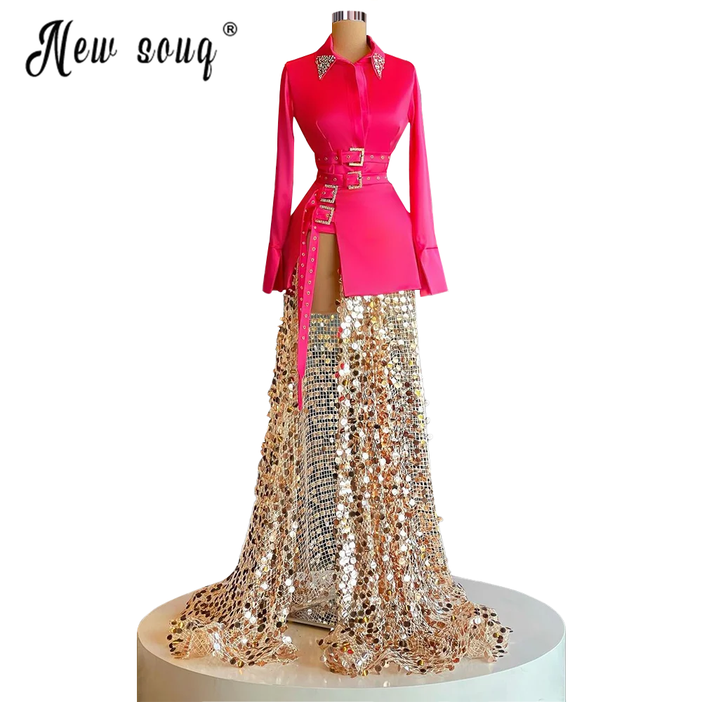 Women Long Crystals Prom Gown Pink Split Side Charming Evening Club Maxi High Waist Dress Formal Celebrity Gowns Custom Made