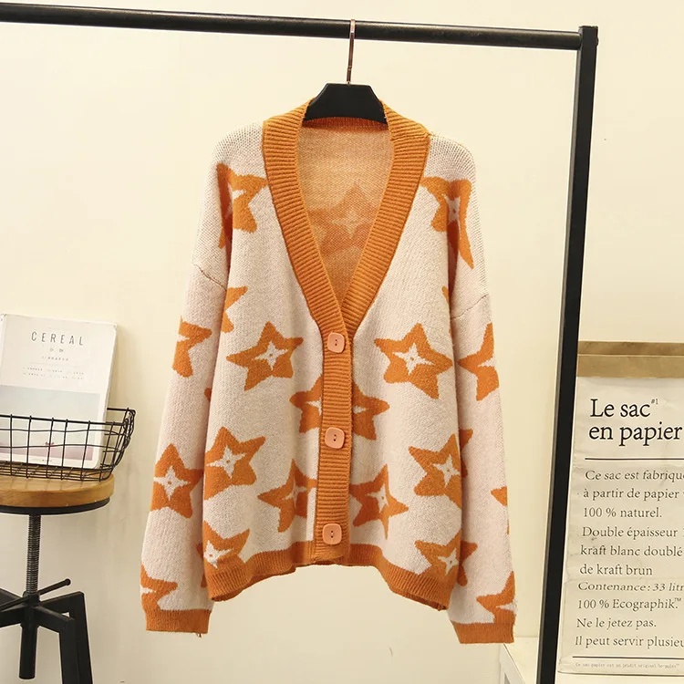 2021 Autumn Women Cardigans Casual Loose Knit Sweater Single-breasted V-Neck Star Cardigans Women Femme Tops Outwear