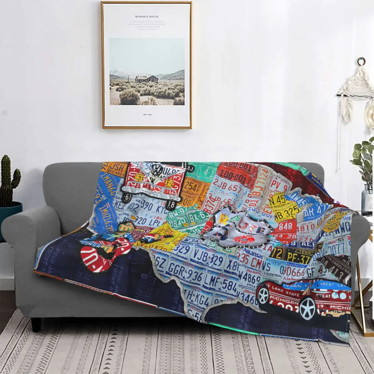 Explore The USA License Plate Art And Map Travel Collage Blankets Fleece Decoration Throw Blankets for Bedding  Plush Thin Quilt