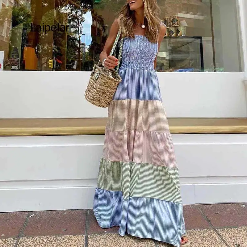 

Spring Off Shoulder Bow Sling Maxi Dress Summer Sleeveless Pleated Beach Dresses Women Striped Pring Patchwork Long Party Dress