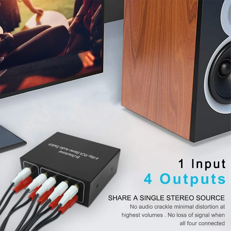 Saklar Profesional Splitter RCA Stereo Switcher Kotak Saklar Pemilih Transmisi Sinyal Lossless Cangkang Hitam 24BB