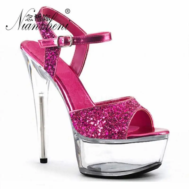 Flash powder Bling Crystal Sandals 15cm Stiletto heels 6 inches Thick platform Sexy Trend Nightclub Pole dancing Silver Wedding