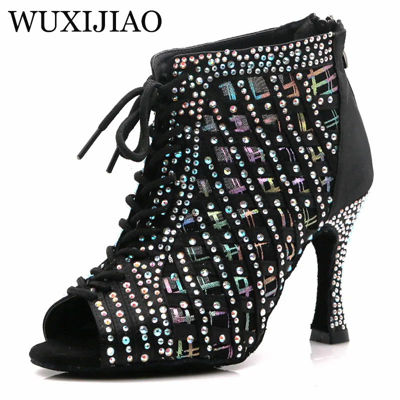 WUXIJIAO Latin dance high boots shoes soft sole shoes salsa ballroom ladies mesh dance shoes Cuba high heels  9CM