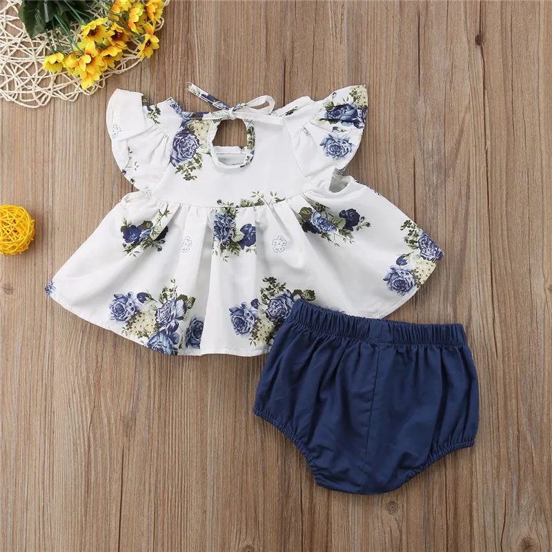 2 Pcs Clothes Newborn Girls Short Pants Outfits Sleeveless Round Neck Tops Dress Floral Short Pants Sets Girls Clothing