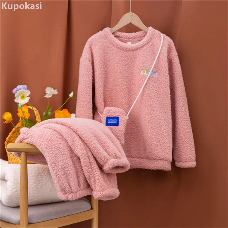 

Kupokasi 3 Pieces Thicking Flannel Women Pajama Set Winter Full Trousers Sleepwear Cute Lamb wool Homewear Soild Color Pyjama