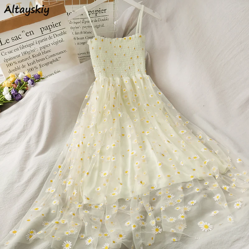 Sleeveless Dress Women Elegant Daisy Strappy Mesh Designer A-Line Stretchy Bust Fresh Ruched Retro High Waist Female Sundress