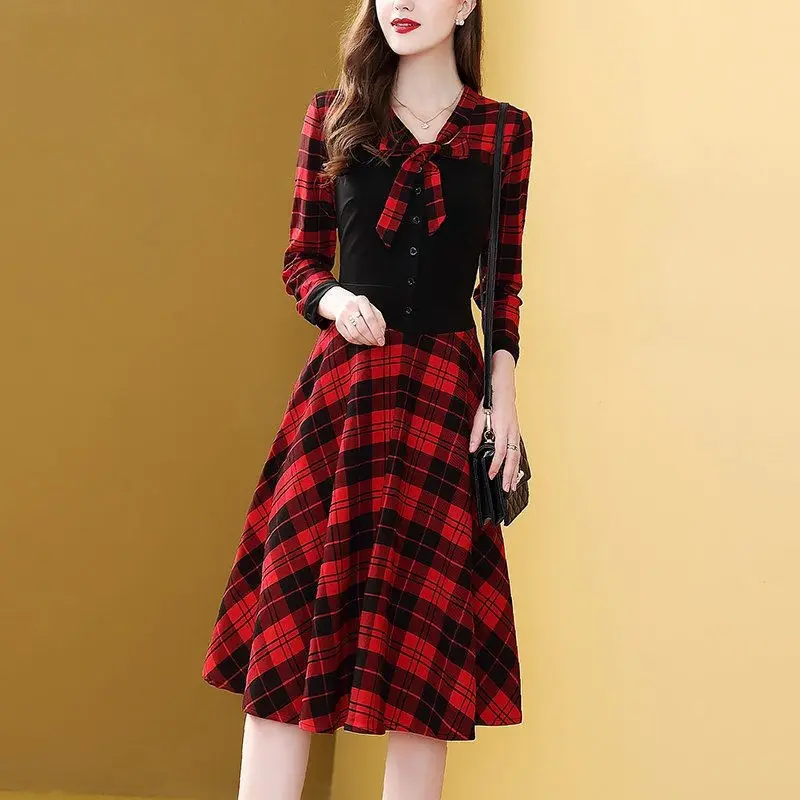 2024 Autumn Spring Women Grid Dress Female Long Sleeve Bow Collar Black White Red Plaid Dress Elegant Lady Office A-Line Dress