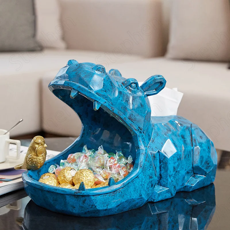 

Creative Blue Hippo Tissue Box Nordic Modern Resin Animal Decorative Ornament Coffee Table Desktop Napkin Holder Home Decoration