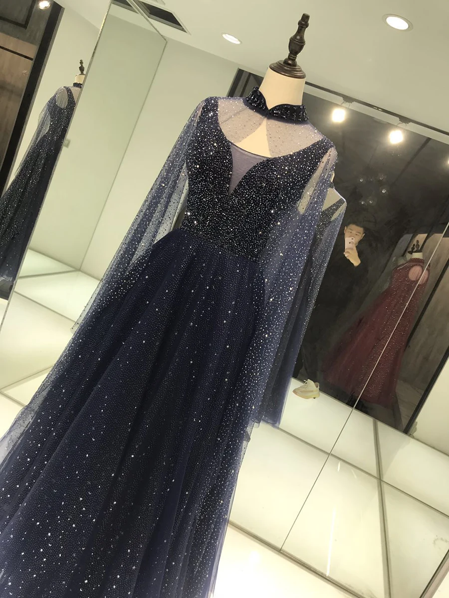 SSYFashion New Long Evening Dress with Cape Luxury Sequins Beading Prom Formal Gowns for Women Vestido De Noche Celebrity Dress