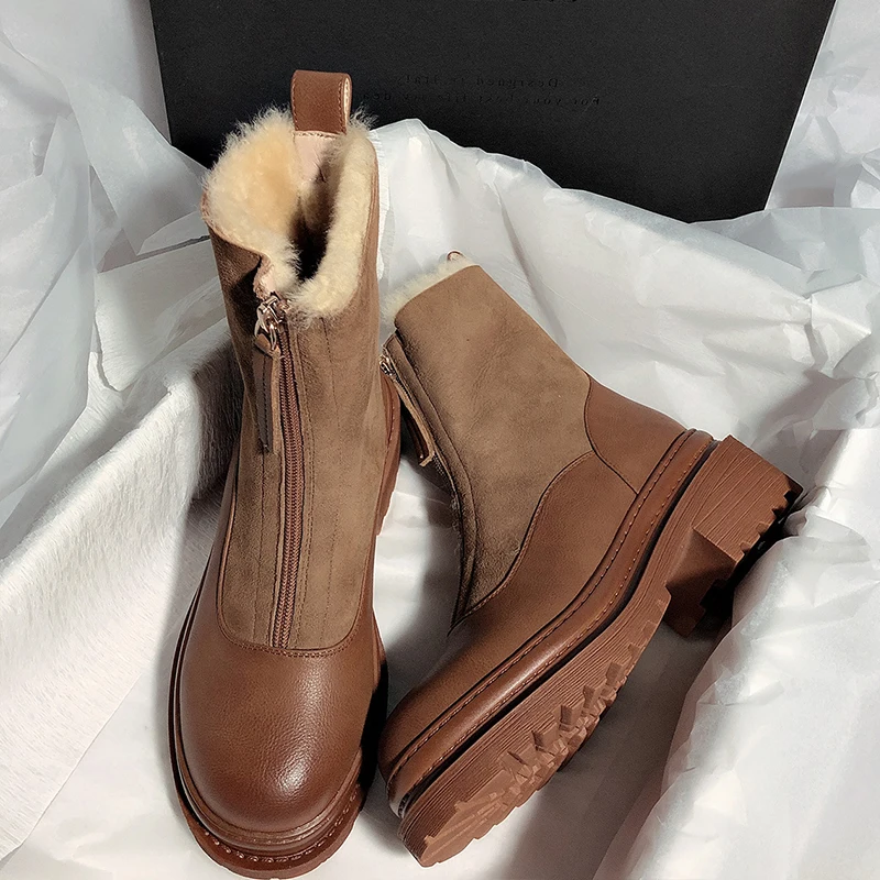 Mid-Tube High-Top Round-Toe Women's Short Boots Frosted Leather Thick-Soled Korean Leather Plush Women's Snow Boots