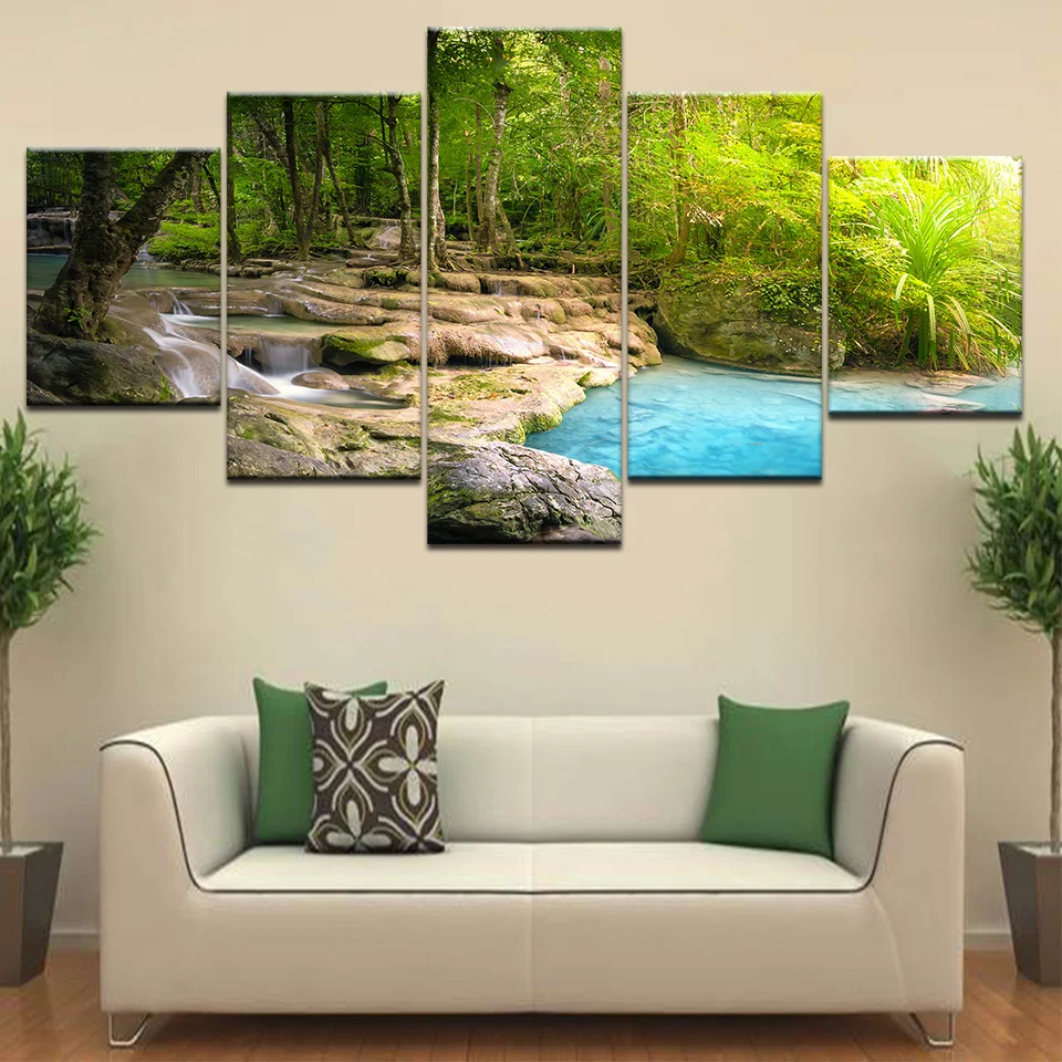 

Wall Art Canvas Paintings 5 Pieces Waterfall Landscape Pictures Forest Tree Lake Water HD Prints Living Room Home Decor Posters