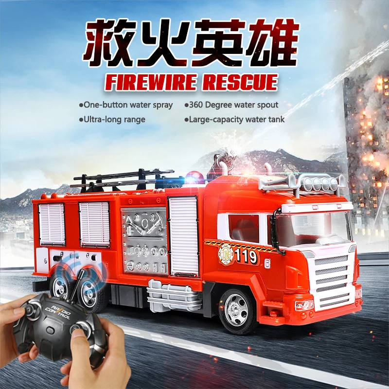 

Simulation RC Firefighter Truck One Key Rotate Spray Simulation Siren Light Exqusite Interior 30Mins Remote Control Truck Models