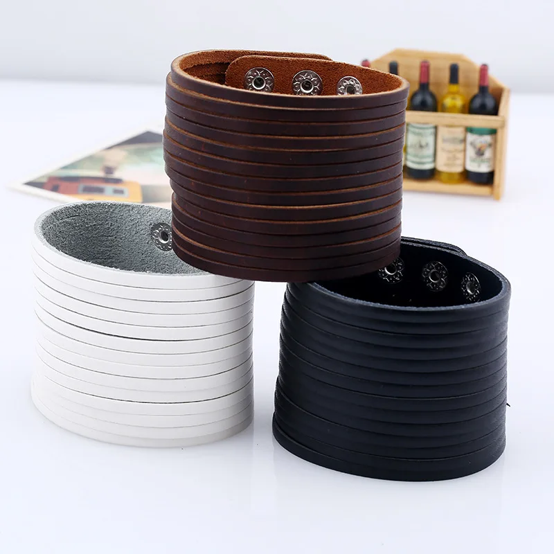 Jessingshow Punk Vintage Black Brown White Genuine Leather Charm Unisex Wide Big Bracelet Bangle Men Women Jewelry Gift