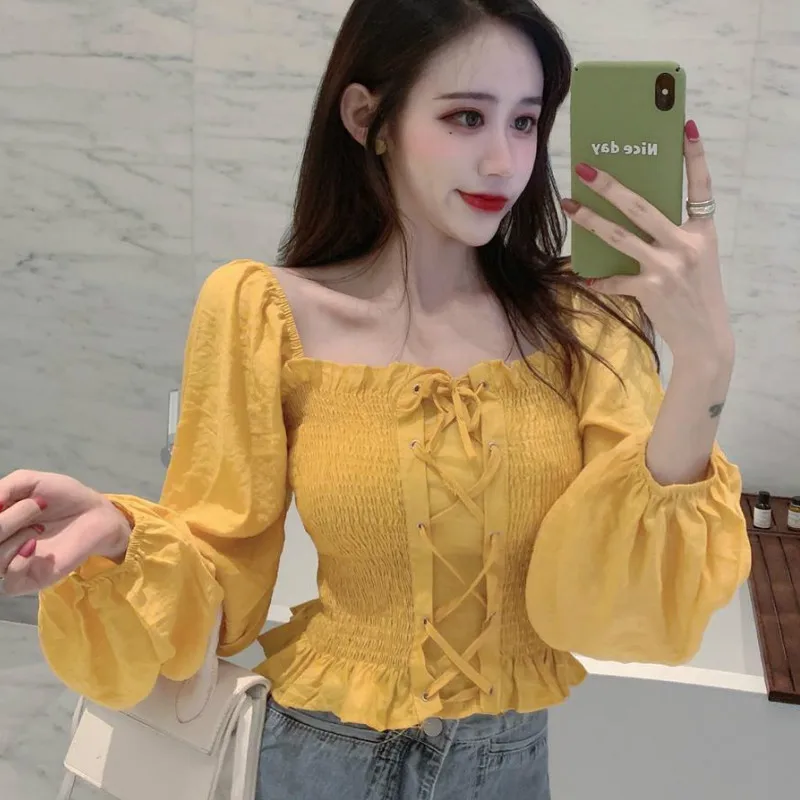 Shirts Women Square Collar Solid Bandage Sexy Korean Style Chic Leisure New Arrival Vintage Streetwear Womens Daily Fashion