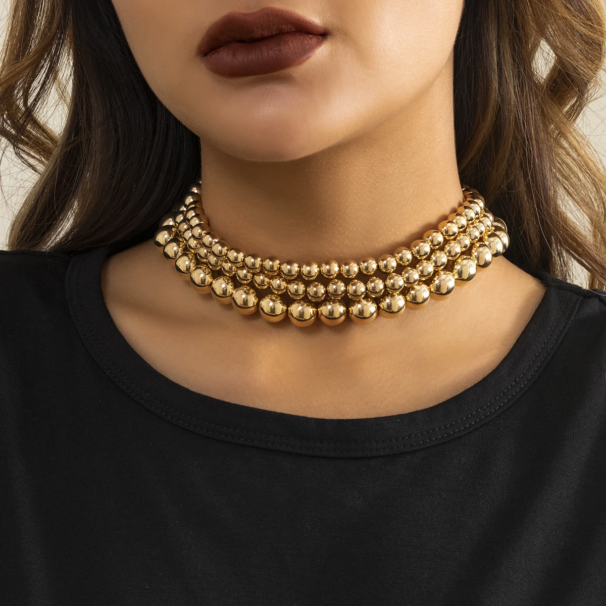 PuRui Punk Layered Bead Chain Short Choker Necklace for Women Gold Color Big CCB Ball Necklace 2022 Fashion Jewelry Collar Gift