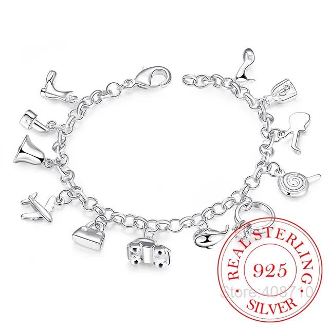 Ładne bransoletki 925 Sterling Silver AAA Cyrkon Kryształowe bransoletki 12 wisiorków Charms Bangles For Woman New Fine Jewelry