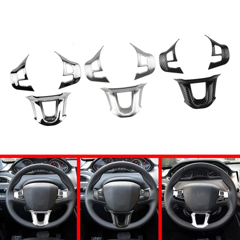 Decoração de volante do carro capa, adesivo guarnição apto para Peugeot 2008, 208, 308, 2014-2018, 3pcs por conjunto