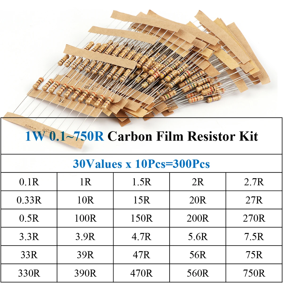 

300Pcs 1W 0.1~750R Carbon Film Resistor Assorted Kit 30Values x 10Pcs=300Pcs Sample Kit Color Ring Resistance