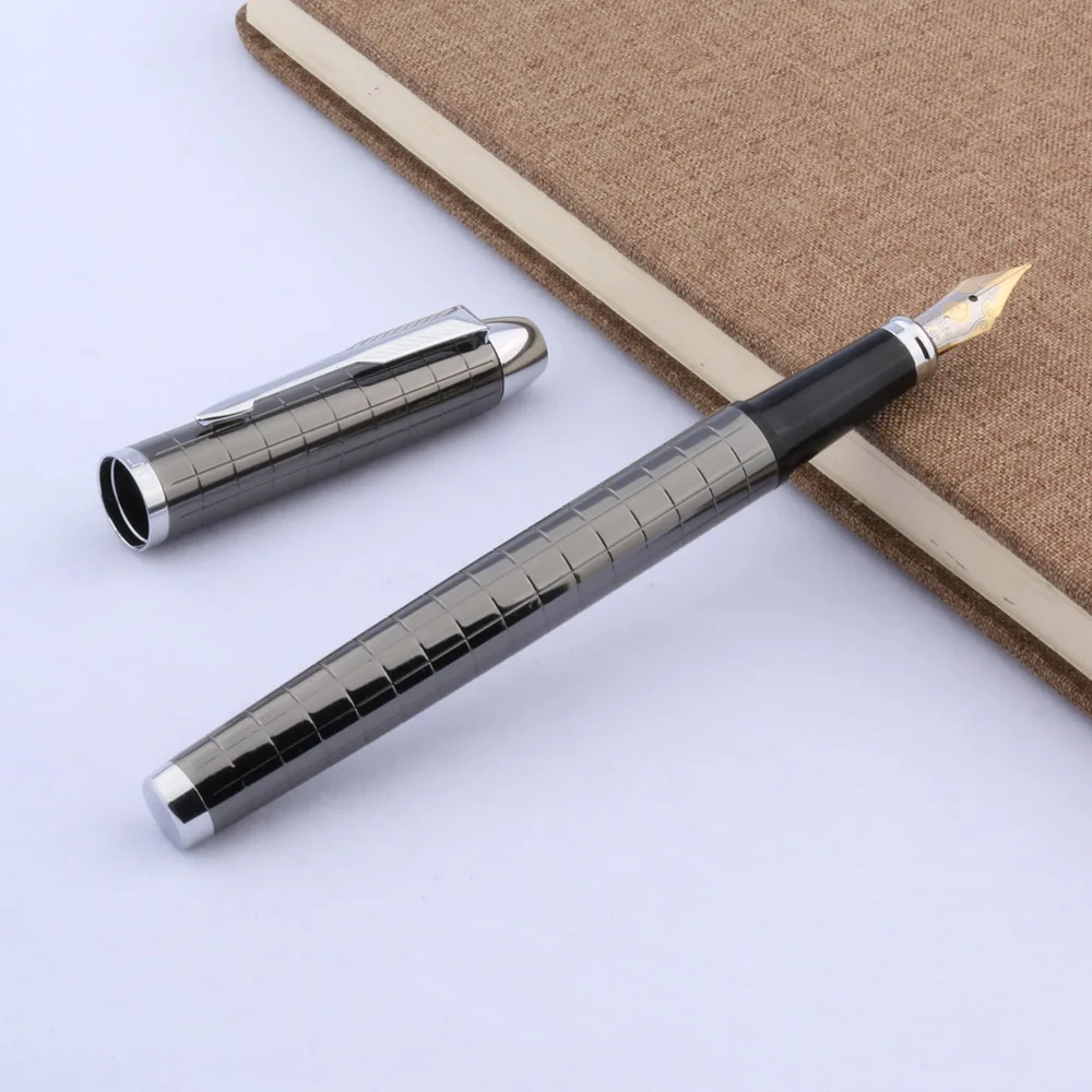 High Quality Gun Gray Fountain Pen Classic Lattice Iridium Nib Stationery Office School Supplies Writing Golden Ink Pen