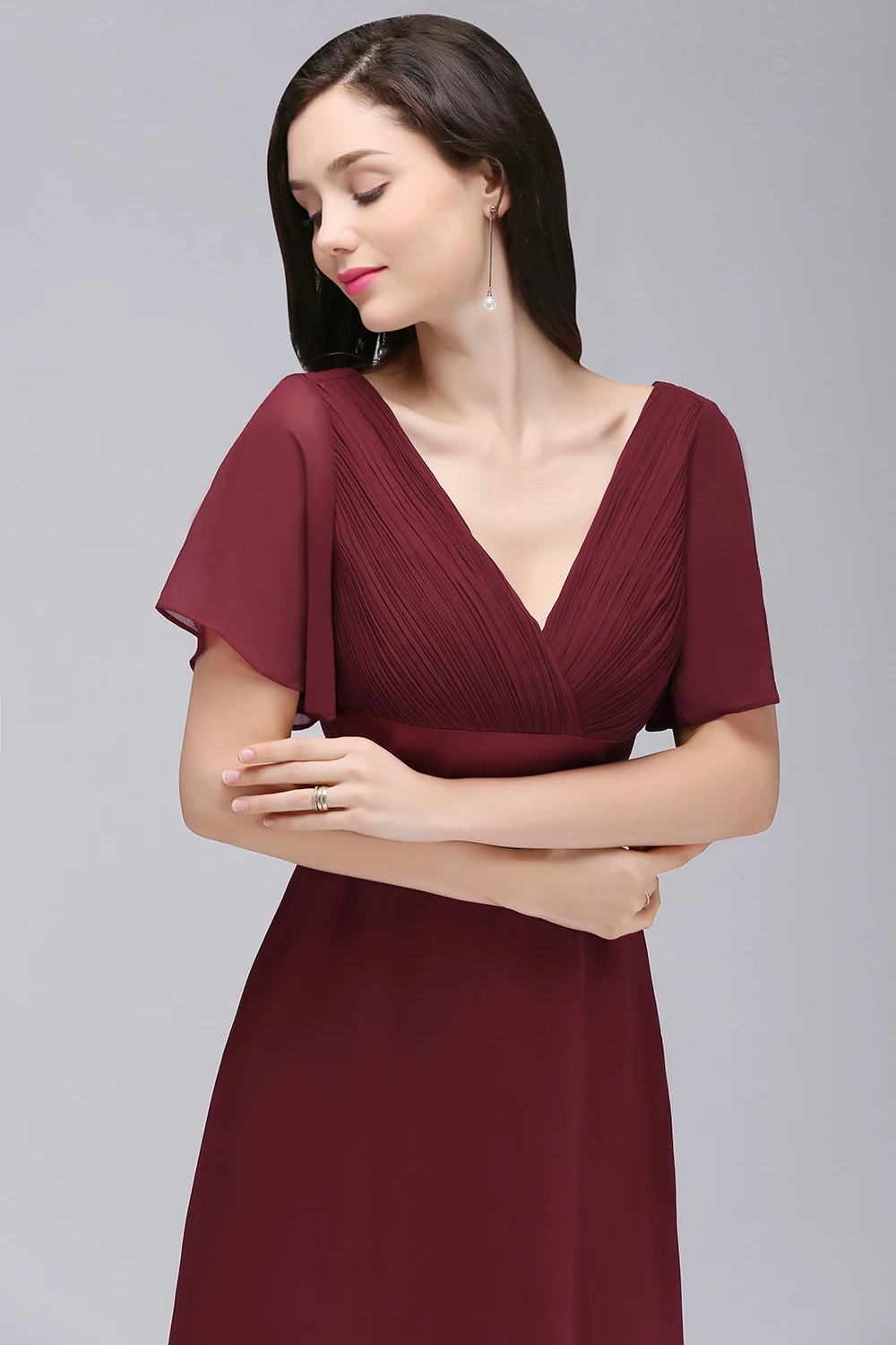 Plus tamanho plissado mangas longo vestido de noite com decote em v sem costas vestido de festa feminino borgonha chiffon a linha vestido formal novia