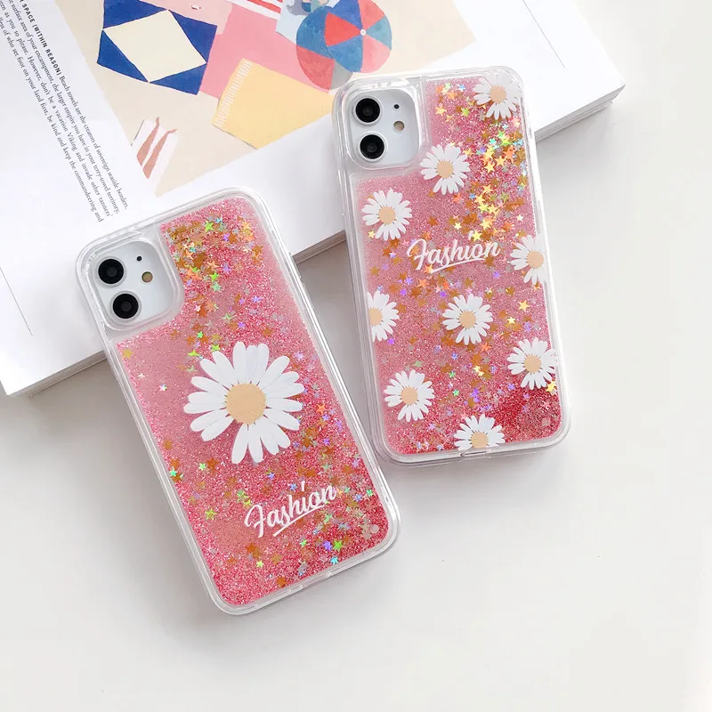 Flower pattern pink Quicksand case  for iphone 14 14Promax 11 12PRO 13PRO 13PROMAX 13 11Promax 12 12Promax XS transparent shell