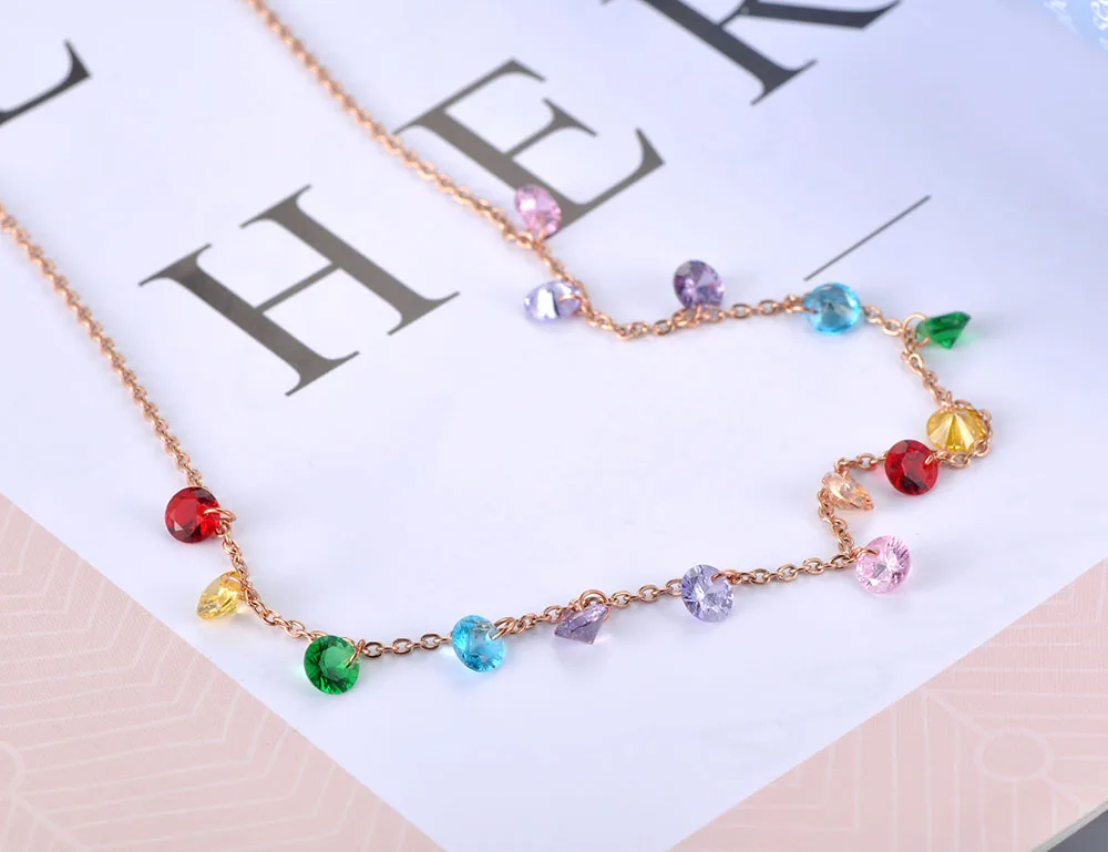 Lokaer Trendy Bohemia Stainless Steel Colorful CZ Crystal Choker Necklace Beach Jewelry Pendant Chain Necklace For Women N19125