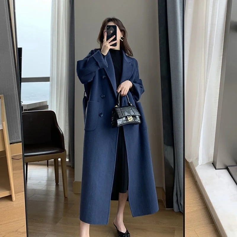 

Autumn Winter Women Woolen Cloth Coat Warm Long Length Double Breasted Navy Blue Female Elegant Outerwear Loose Belt Overcoat