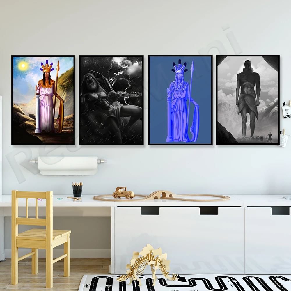 Pallas Athena Periwinkle, Prometheus and Eagle Grayscale Painting, Cyclops Approaching Odysseus La Mythology Art Poster