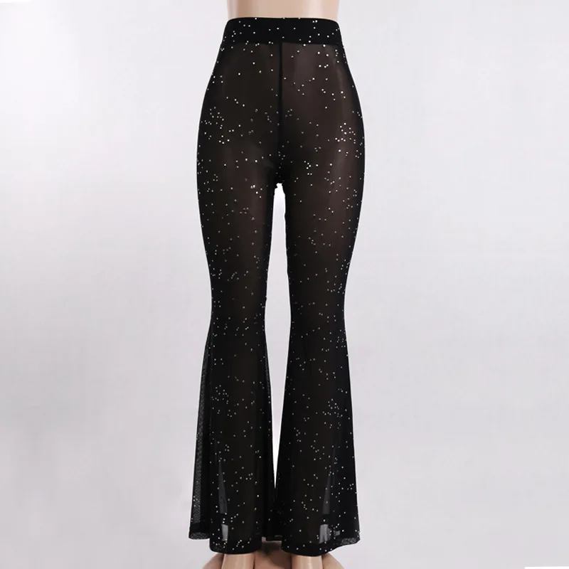 Pantalones estéticos de encaje con lentejuelas para mujer, pantalones acampanados transparentes de cintura alta, ropa de calle con personalidad para vacaciones, 2023