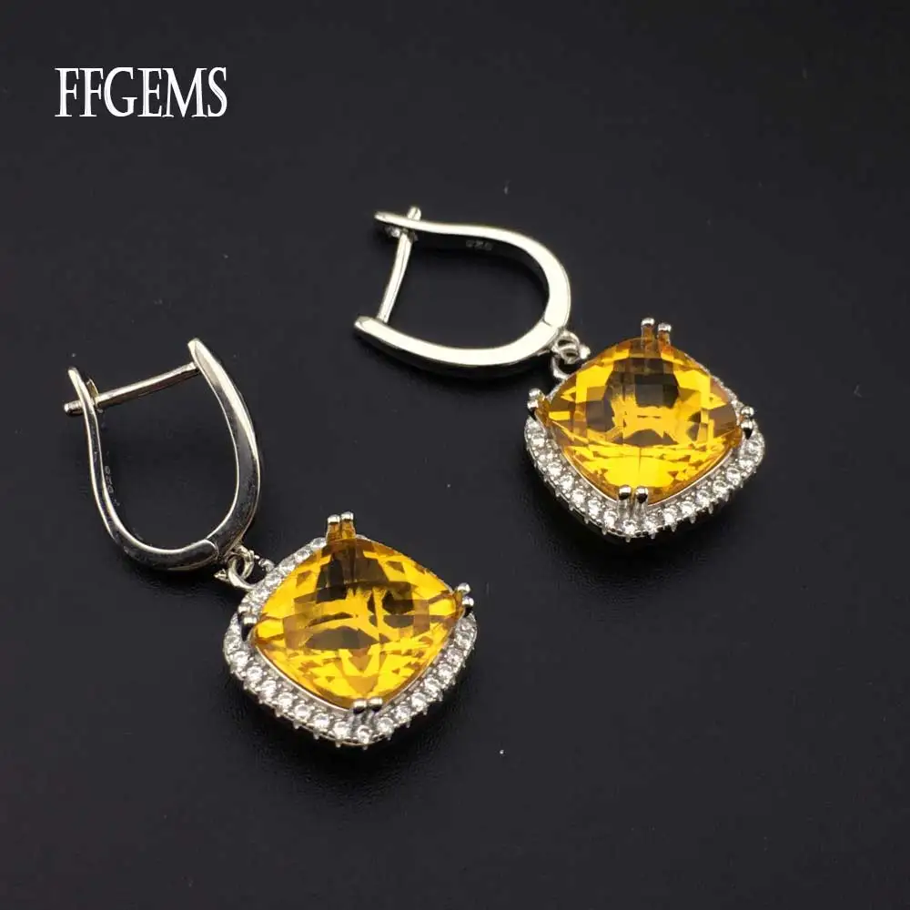 

FFGems Natural Yellow Citrine square big stone hang Sterling 925 Silver Drop Earring For Women Party Wedding Gift box wholesale