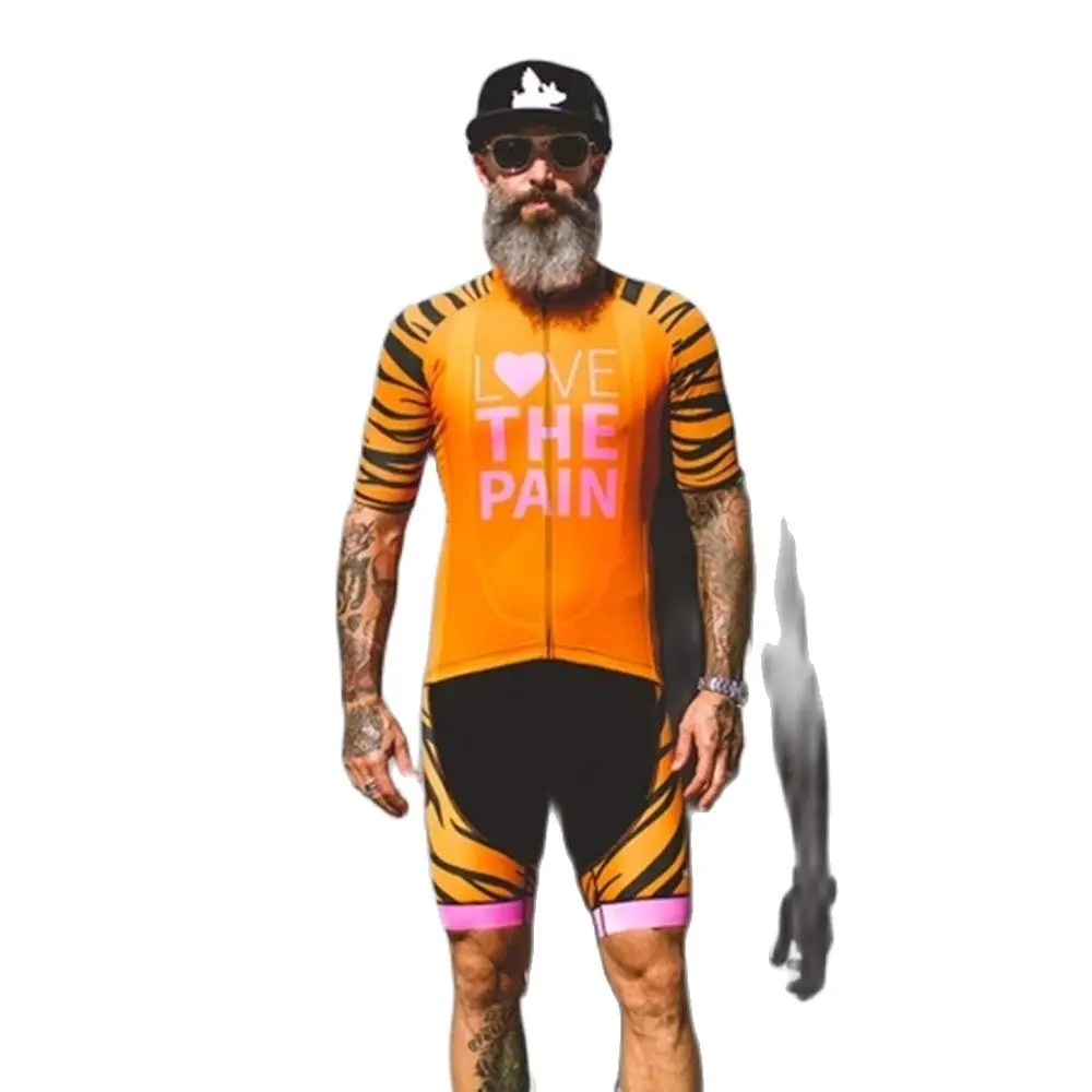 Love The Pain Men's Cycling Set Short Sleeve Jersey Suit Bib Shorts Breathable Outdoor Anti-UV Heat Dissipation Maillot Ciclismo