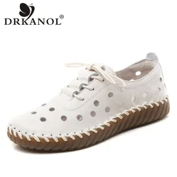 DRKANOL 2024 scarpe estive mocassini da donna traspirante foro cavo scarpe basse in vera pelle di mucca cucito a mano mocassini da guida