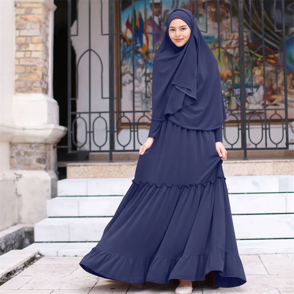 Muslim Long Khimar Abaya Dress Malaysia Turkey Islamic Worship Robe Hijab Headscarf Ethnic Dubai Arabic Clothes New 2 Piece Set