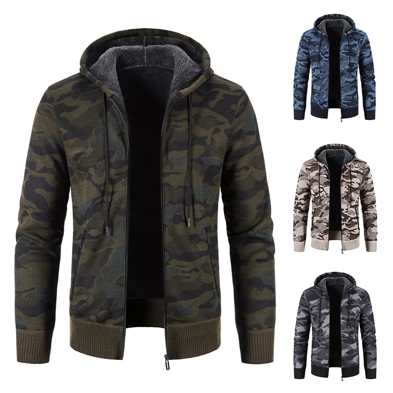 Men's Cardigan Knitted Hoodie with Zipper Sweater Coat Autumn Winter Fleece Thick Warm Wool Fashion Camouflage Jacket