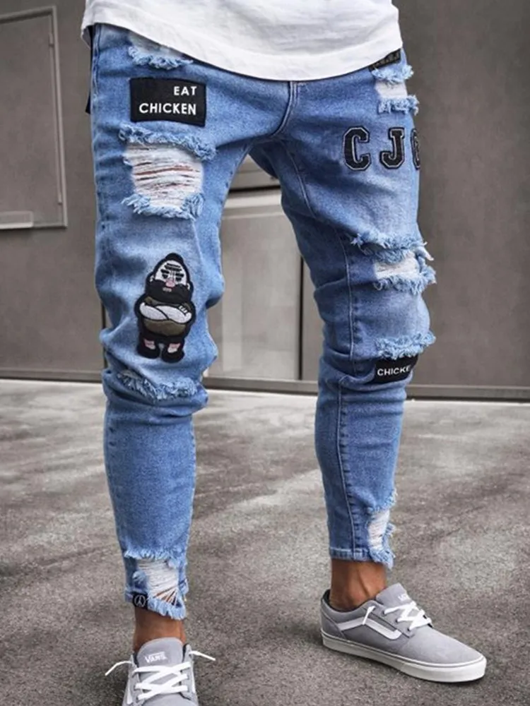 Frühling Herbst Biker Lässige Ripped Jeans Dünne Stretch Jeans Männer Blau Hip Hop Dünner Harem Homme Marke Denim Loch Bleistift hosen