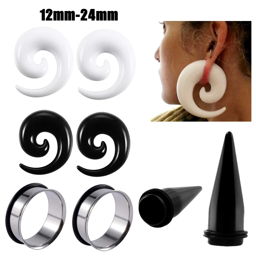 2PC czarny biały akrylowy spiralny nosze do uszu stożek duży rozmiar Piercing ekspander do uszu stalowe zatyczki tunelowe biżuteria do ciała 12mm-24mm