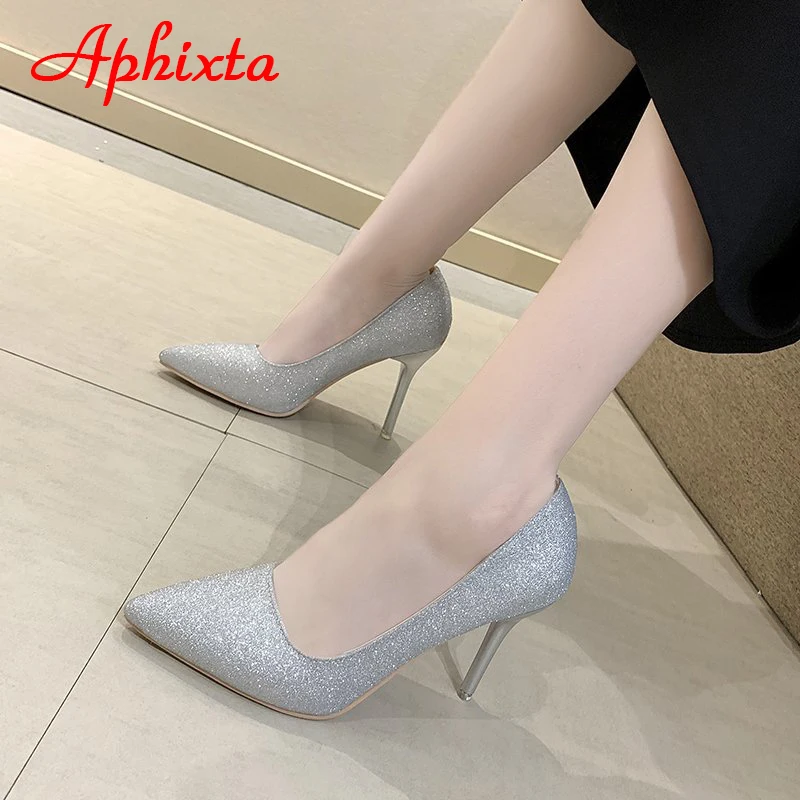 Aphixta New Bling Sequined Leather Shoes Women High 10cm Thin Heel Pointed Toe Wedding Official Pumps Woman Big Size 49 50