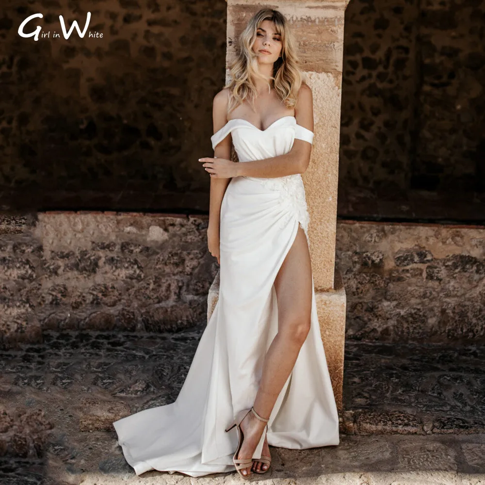 

Simple Sexy Slit Mermaid Wedding Dresses Off The Shoulder Romantic Sweetheart Lace Appliques Bride Gowns Bridal Robe De Mariée